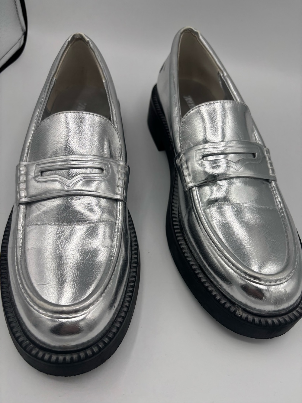 Zara Silver Metallic Penny Loafers for Women